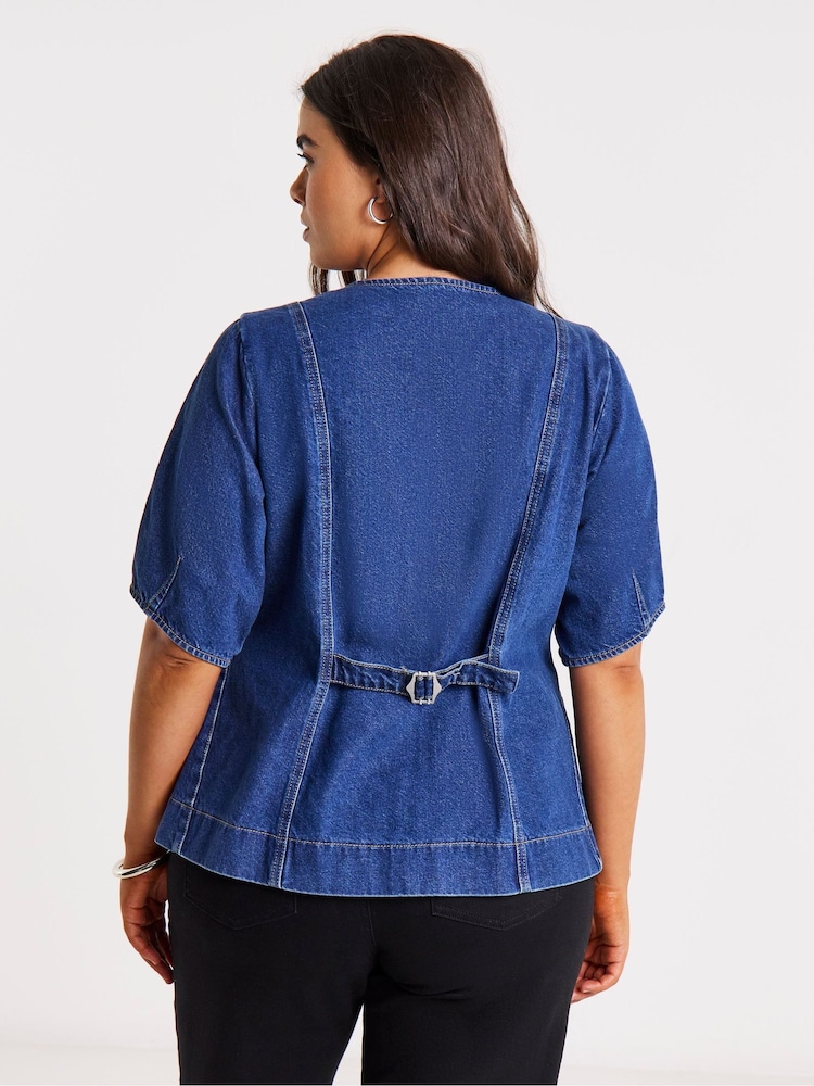 Simply Be Blue Button Through Denim Blouse - Image 2 of 4