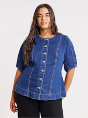 Simply Be Blue Button Through Denim Blouse - Image 3 of 4