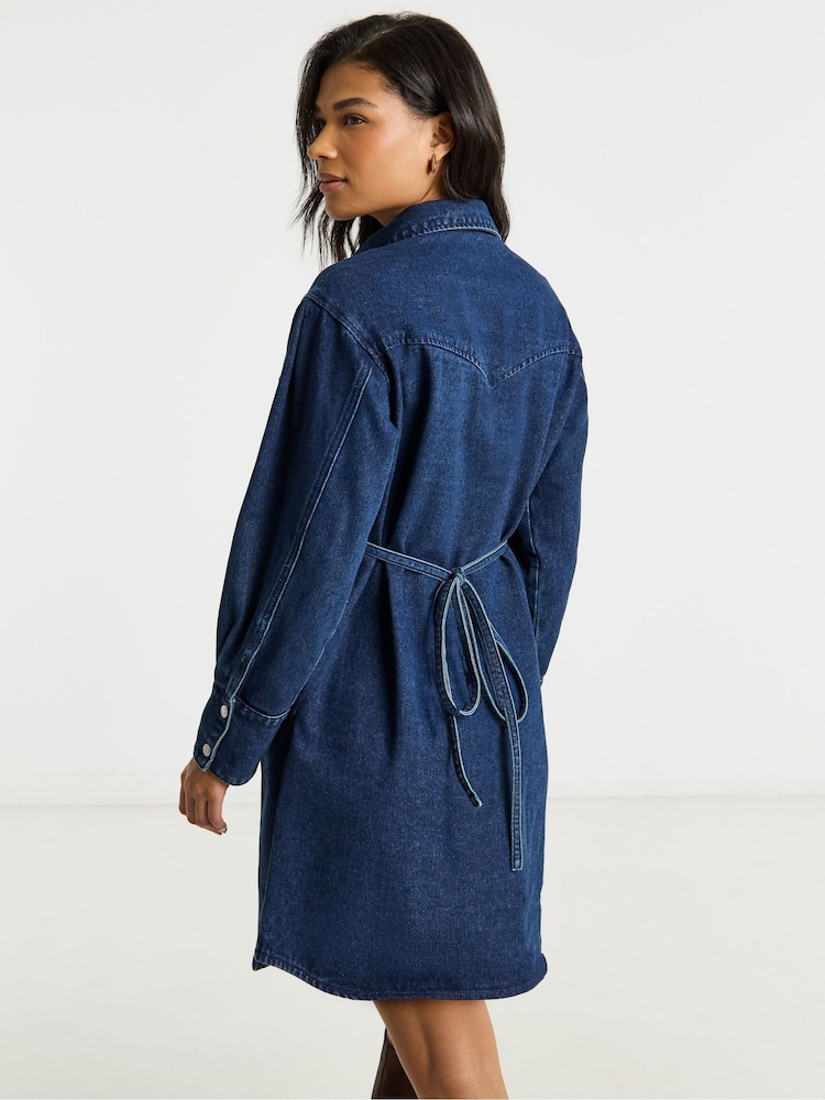 Simply Be Blue Self Belted Oversized Denim Shirt Dress - Image 2 of 4