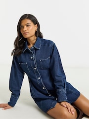 Simply Be Blue Self Belted Oversized Denim Shirt Dress - Image 3 of 4