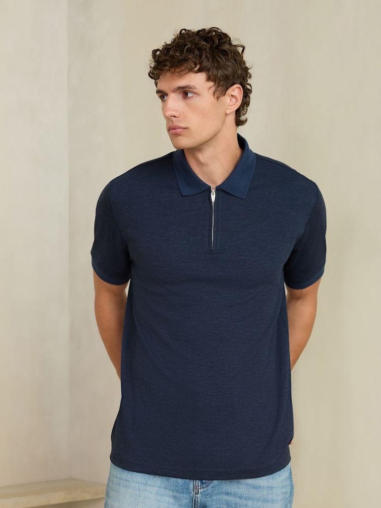 Navy Signature Zip Neck Polo Shirt - Image 1 of 8 Navy Signature Zip Neck Polo Shirt - Image 1 of 8