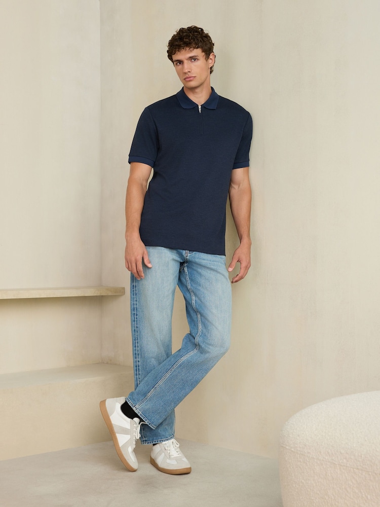 Navy Signature Zip Neck Polo Shirt - Image 2 of 8 Navy Signature Zip Neck Polo Shirt - Image 2 of 8