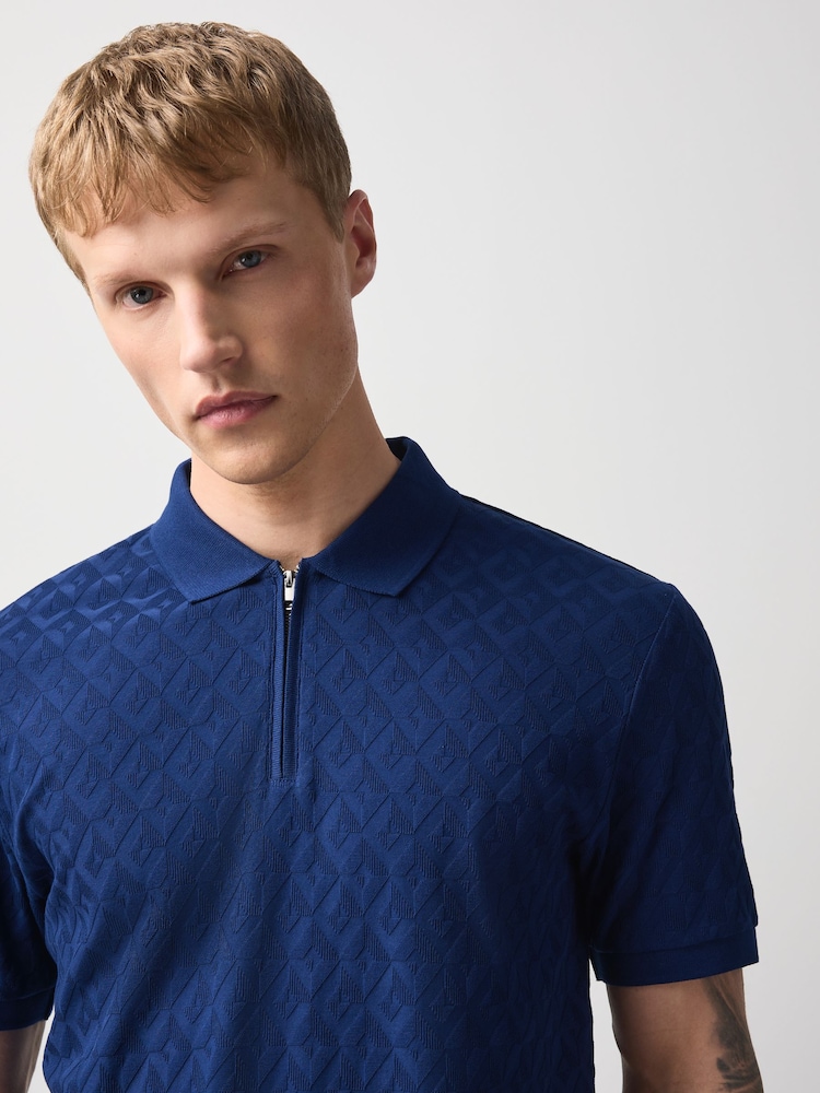 Blue Regular Fit Smart Jaquard Polo Shirt - Image 1 of 8 Blue Regular Fit Smart Jaquard Polo Shirt - Image 1 of 8