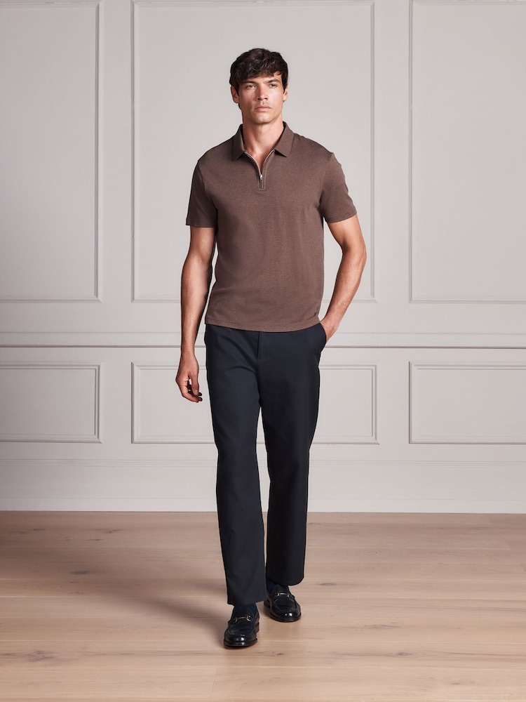 Brown Marl Signature Supima Smart Zip Neck Polo Shirt - Image 2 of 8 Brown Marl Signature Supima Smart Zip Neck Polo Shirt - Image 2 of 8