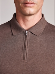 Brown Marl Signature Supima Smart Zip Neck Polo Shirt - Image 4 of 8