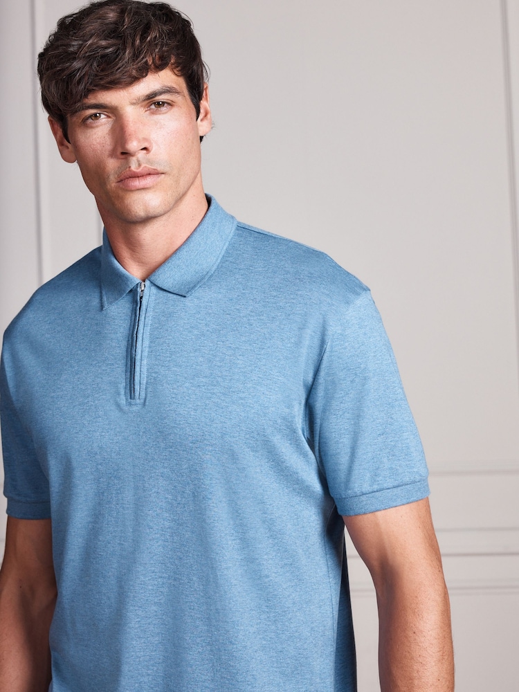 Blue Marl Signature Supima Smart Zip Neck Polo Shirt - Image 1 of 9 Blue Marl Signature Supima Smart Zip Neck Polo Shirt - Image 1 of 9