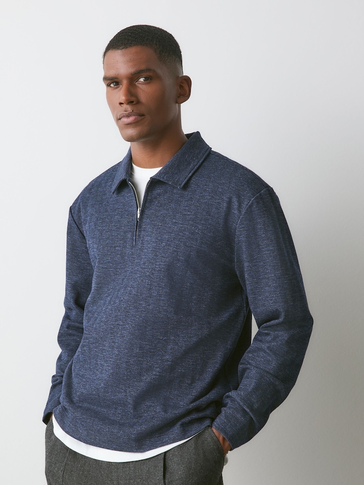 Navy Heritage Herringbone Long Sleeve Polo Shirt - Image 1 of 7