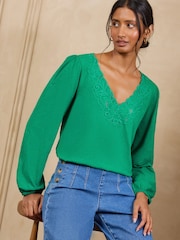 Love & Roses Bright Green Lace Embroidered V-Neck Top - Image 1 of 4