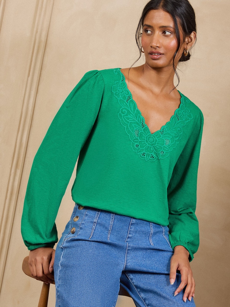 Love & Roses Bright Green Lace Embroidered V-Neck Top - Image 1 of 4