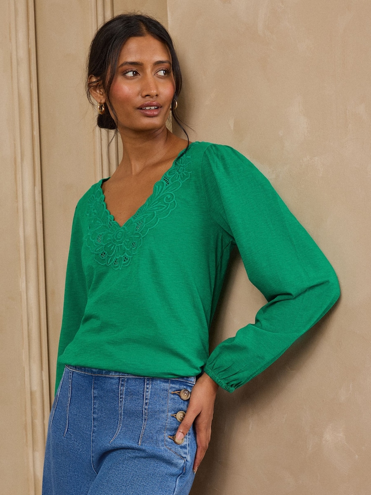 Love & Roses Bright Green Lace Embroidered V-Neck Top - Image 4 of 4