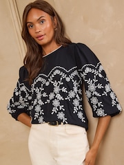 Love & Roses Black Floral Embroidered Long Sleeve Jersey Top - Image 1 of 4
