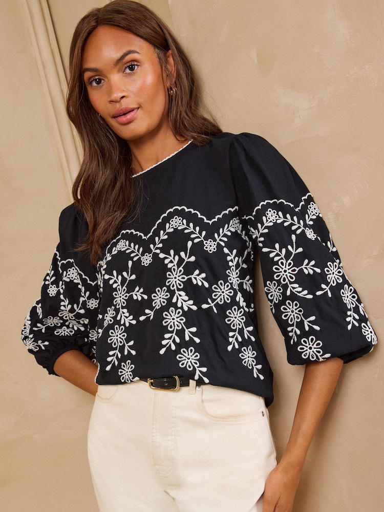 Love & Roses Black Floral Embroidered Long Sleeve Jersey Top - Image 1 of 4