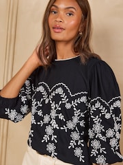 Love & Roses Black Floral Embroidered Long Sleeve Jersey Top - Image 2 of 4