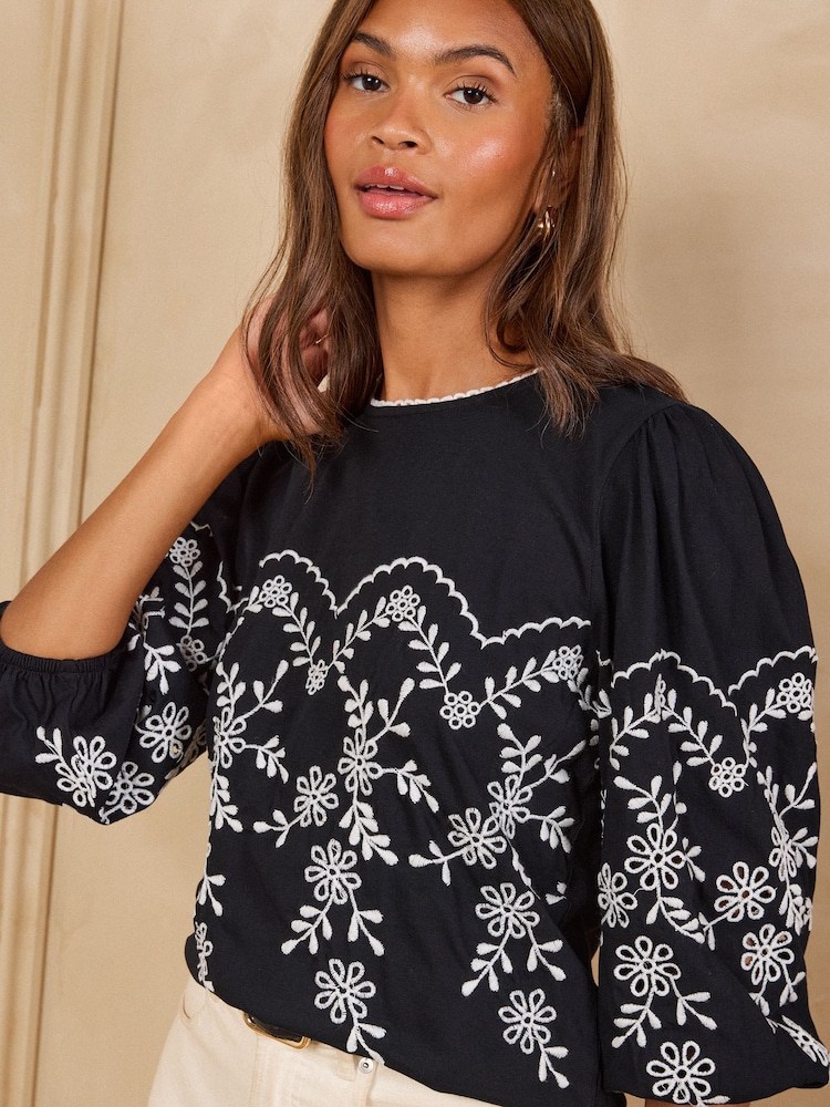 Love & Roses Black Floral Embroidered Long Sleeve Jersey Top - Image 2 of 4