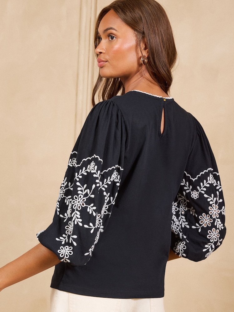 Love & Roses Black Floral Embroidered Long Sleeve Jersey Top - Image 4 of 4