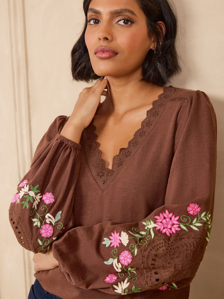 Love & Roses Chocolate Brown Embroidered Sleeve V-Neck Top - Image 1 of 5