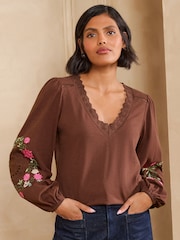 Love & Roses Chocolate Brown Embroidered Sleeve V-Neck Top - Image 2 of 5