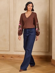Love & Roses Chocolate Brown Embroidered Sleeve V-Neck Top - Image 3 of 5
