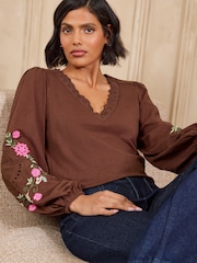 Love & Roses Chocolate Brown Embroidered Sleeve V-Neck Top - Image 4 of 5