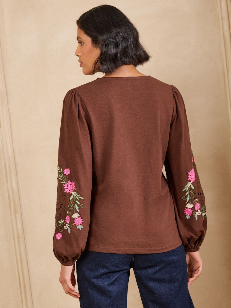 Love & Roses Chocolate Brown Embroidered Sleeve V-Neck Top - Image 5 of 5