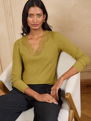 Love & Roses Olive pip Long Sleeve Lace V-Neck Ribbed Jersey Top - Image 1 of 4