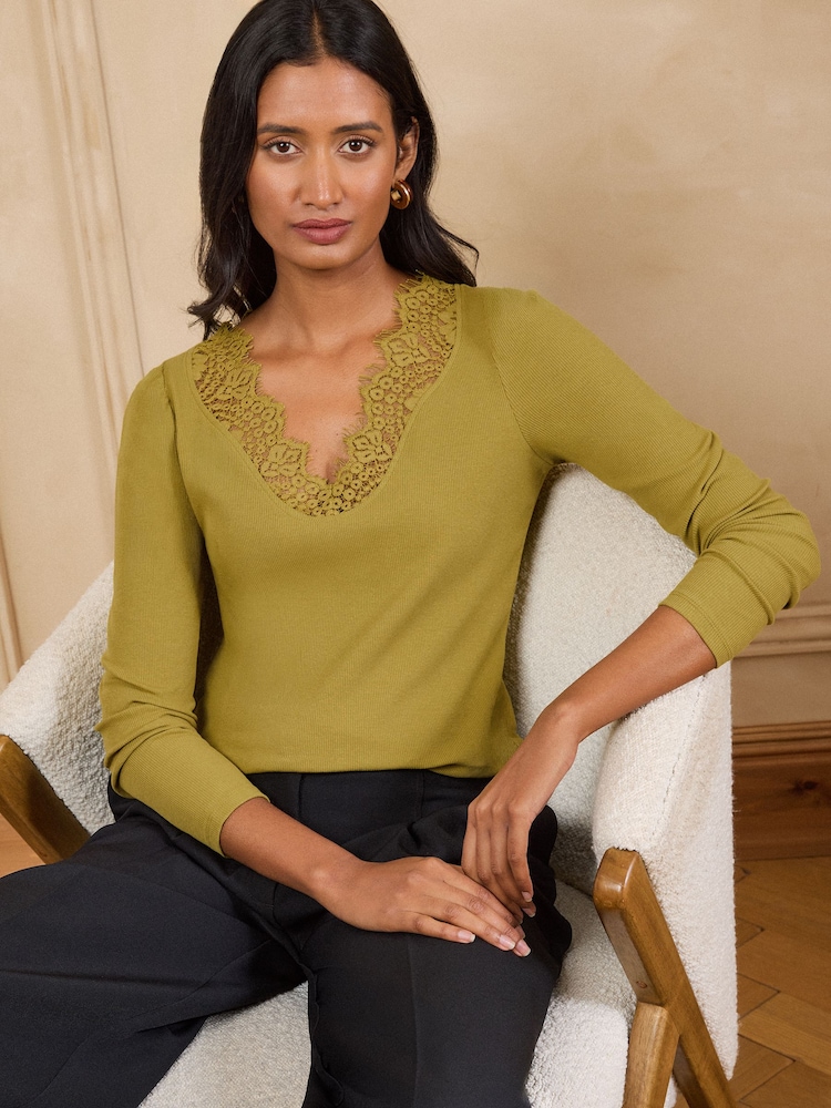 Love & Roses Olive pip Long Sleeve Lace V-Neck Ribbed Jersey Top - Image 1 of 4 Love & Roses Olive pip Long Sleeve Lace V-Neck Ribbed Jersey Top - Image 1 of 4