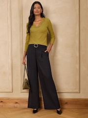 Love & Roses Olive pip Long Sleeve Lace V-Neck Ribbed Jersey Top - Image 3 of 4