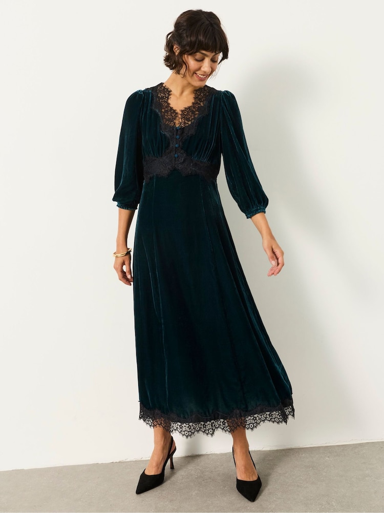 FatFace Libby Teal Blue Velvet Midi Dress - Image 1 of 6 FatFace Libby Teal Blue Velvet Midi Dress - Image 1 of 6