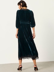 FatFace Libby Teal Blue Velvet Midi Dress - Image 2 of 6