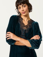 FatFace Libby Teal Blue Velvet Midi Dress - Image 3 of 6