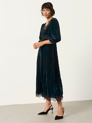 FatFace Libby Teal Blue Velvet Midi Dress - Image 4 of 6