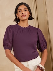 Love & Roses Berry Red Broderie Puff Sleeve Crew Neck T-Shirt - Image 1 of 4