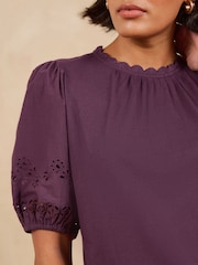 Love & Roses Berry Red Broderie Puff Sleeve Crew Neck T-Shirt - Image 2 of 4