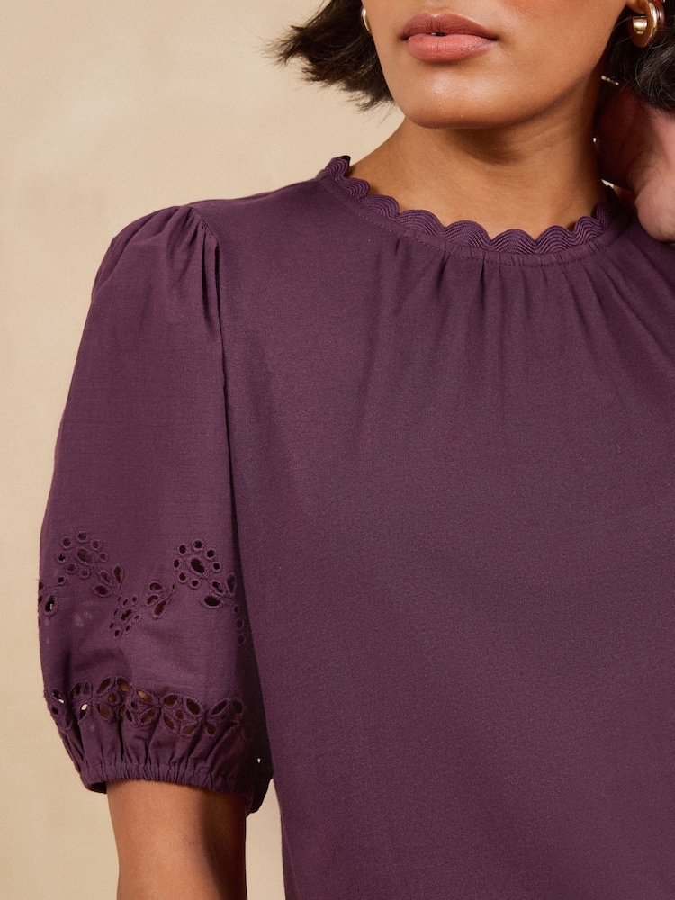 Love & Roses Berry Red Broderie Puff Sleeve Crew Neck T-Shirt - Image 2 of 4 Love & Roses Berry Red Broderie Puff Sleeve Crew Neck T-Shirt - Image 2 of 4