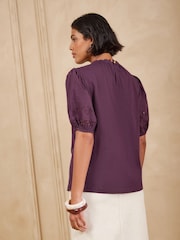 Love & Roses Berry Red Broderie Puff Sleeve Crew Neck T-Shirt - Image 4 of 4