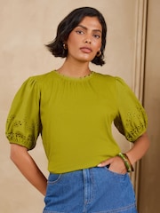 Love & Roses Lime Green Broderie Puff Sleeve Crew Neck T-Shirt - Image 1 of 5