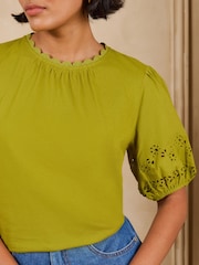 Love & Roses Lime Green Broderie Puff Sleeve Crew Neck T-Shirt - Image 2 of 5