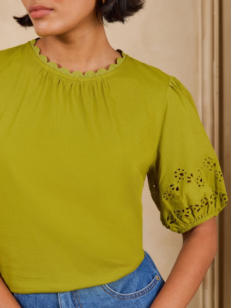 Love & Roses Lime Green Broderie Puff Sleeve Crew Neck T-Shirt - Image 2 of 5 Love & Roses Lime Green Broderie Puff Sleeve Crew Neck T-Shirt - Image 2 of 5