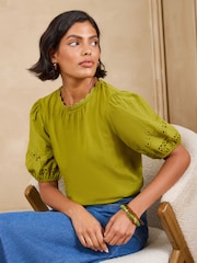 Love & Roses Lime Green Broderie Puff Sleeve Crew Neck T-Shirt - Image 3 of 5