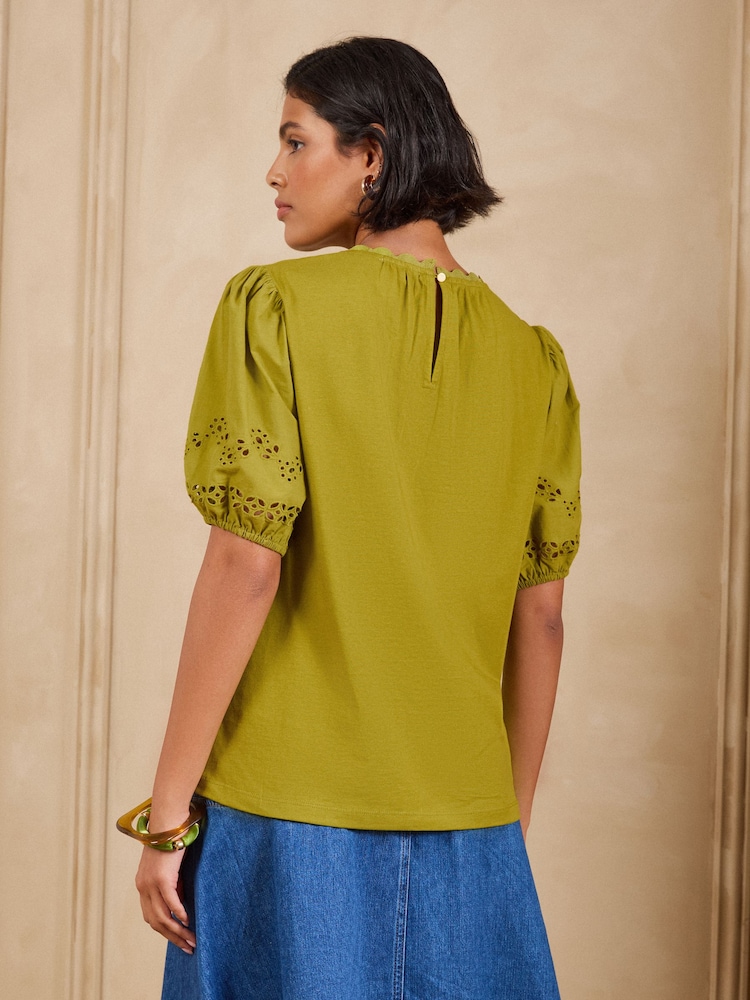 Love & Roses Lime Green Broderie Puff Sleeve Crew Neck T-Shirt - Image 5 of 5 Love & Roses Lime Green Broderie Puff Sleeve Crew Neck T-Shirt - Image 5 of 5