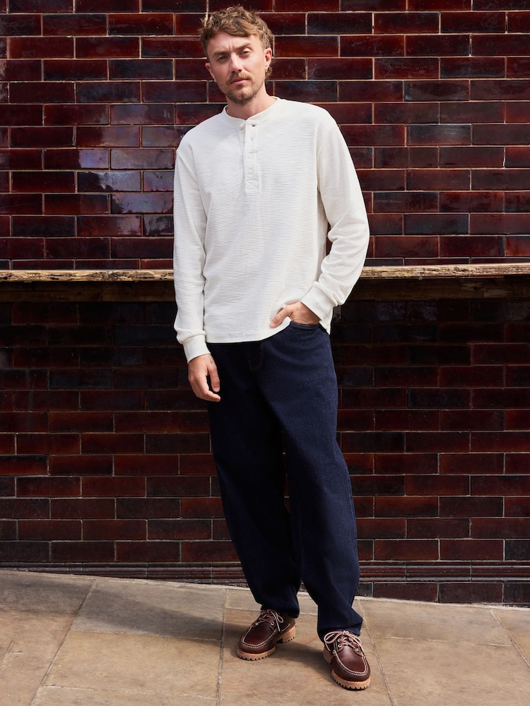 Ecru White Long Sleeve Waffle Henley T-Shirt - Image 2 of 7 Ecru White Long Sleeve Waffle Henley T-Shirt - Image 2 of 7