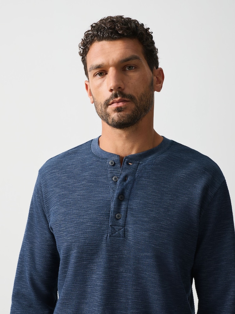 Navy Marl Long Sleeve Waffle Henley T-Shirt - Image 1 of 9 Navy Marl Long Sleeve Waffle Henley T-Shirt - Image 1 of 9