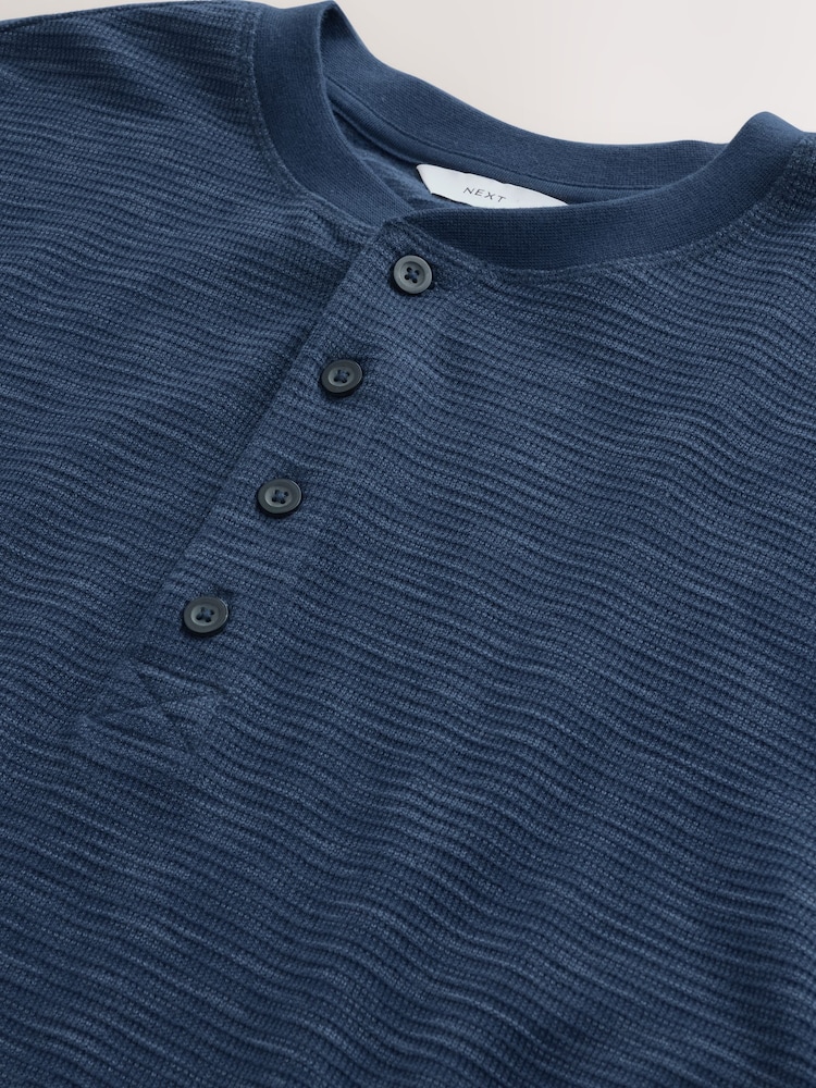 Navy Marl Long Sleeve Waffle Henley T-Shirt - Image 8 of 8