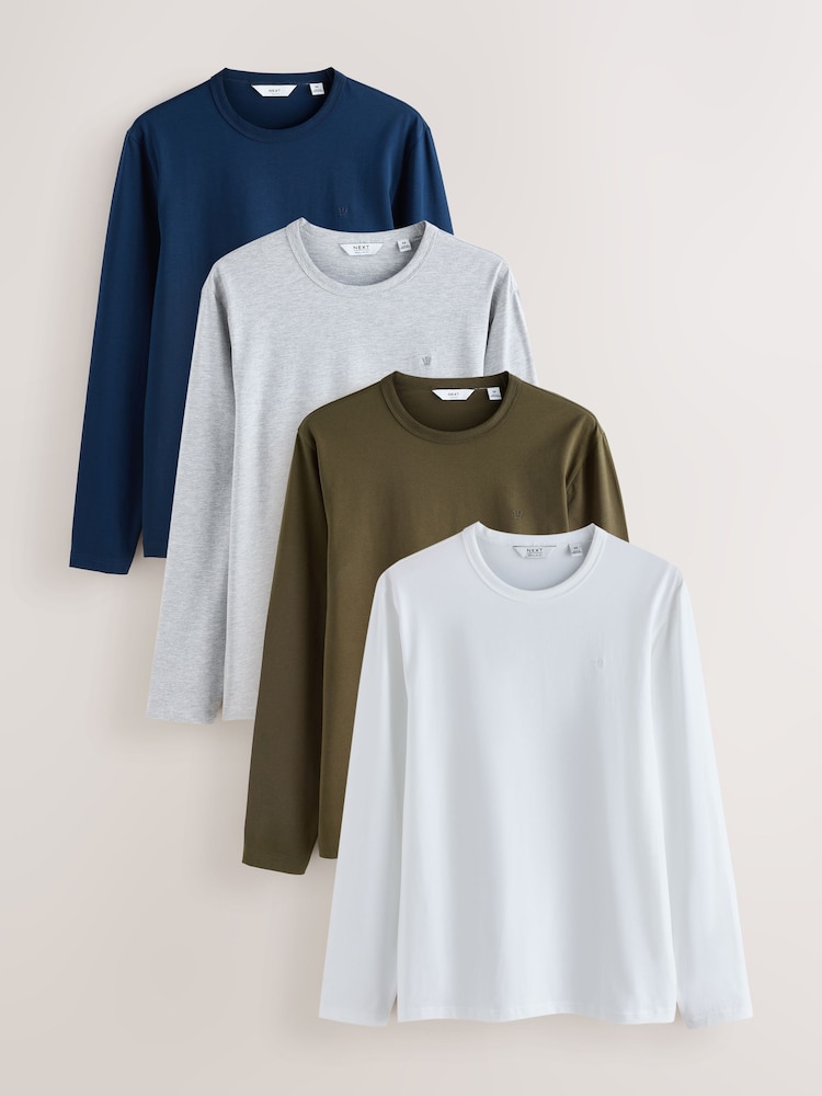Grey/Blue Navy/Green/White Ecru - Reguläre Passform - Long Sleeve Motionflex Soft T-Shirts 4 Pack - Bild 1 von 11