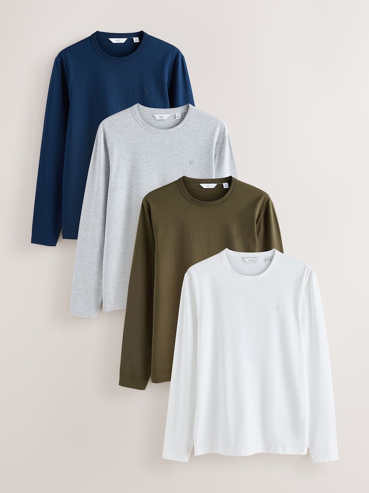 Grey/Green/Blue Navy/Ecru White - Schmale Passform - Long Sleeve Motionflex Soft T-Shirts 4 Pack - Bild 1 von 11