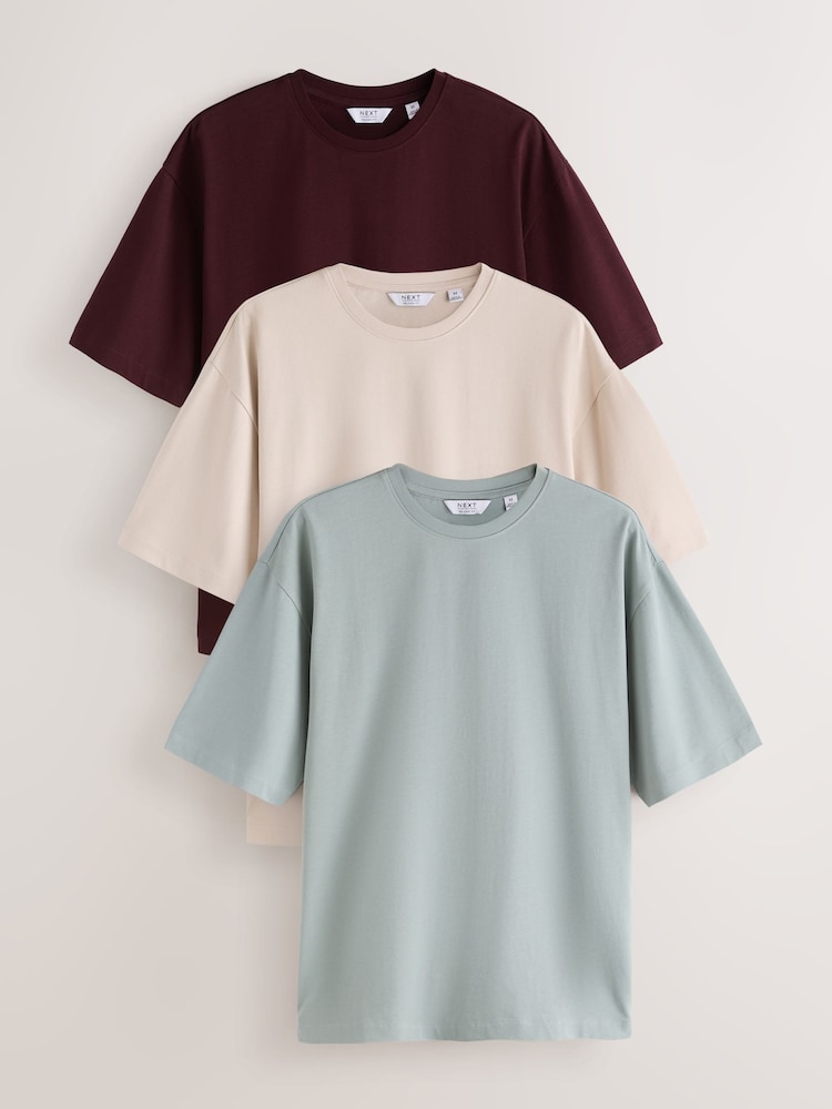 Burgundy/Ecru/Sage Relaxed Fit T-Shirts 3 Pack - Image 1 of 9 Burgundy/Ecru/Sage Relaxed Fit T-Shirts 3 Pack - Image 1 of 9