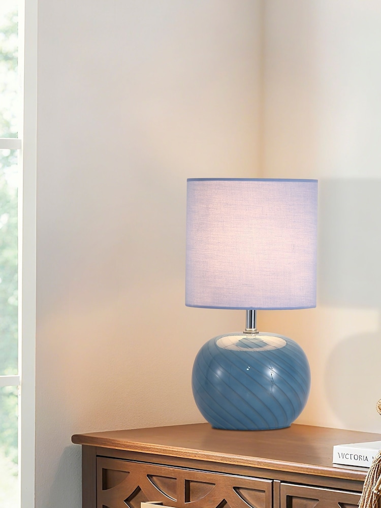 Searchlight Blue Metz 1 Light Table Lamp Glass with Linen Look Shade - Image 1 of 4