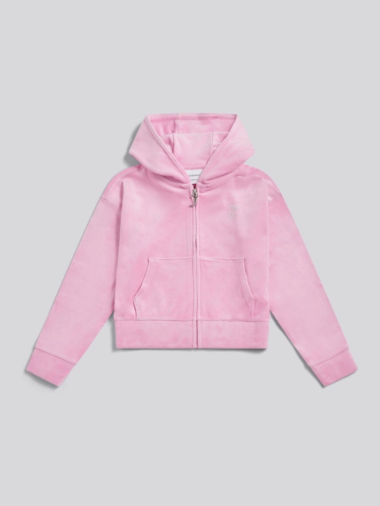 Juicy Couture Pink Cropped Velour Diamante Zip-Through Hoodie - Image 1 of 4