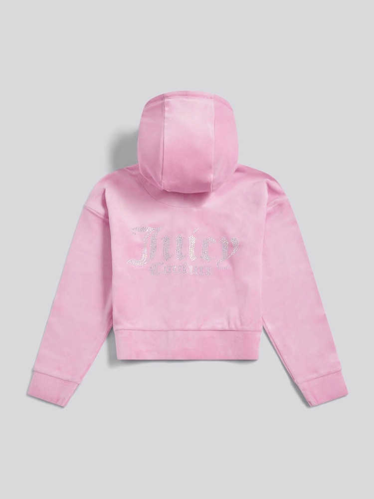 Juicy Couture Pink Cropped Velour Diamante Zip-Through Hoodie - Image 2 of 4