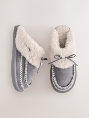 Grey Stitch Suede Faux Fur Lined Mule Slippers - Image 1 of 6
